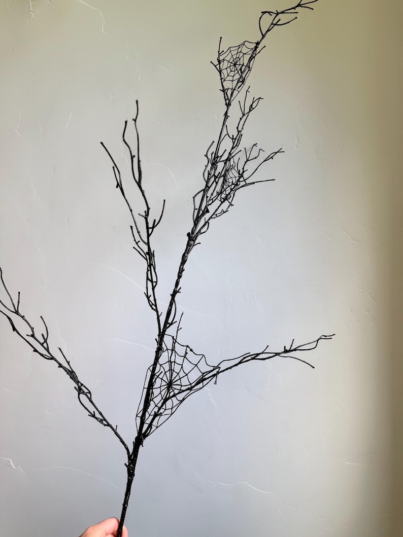 May include: A decorative black branch featuring multiple thin, bare twigs extending from a central stem. Two distinct, intricate black spider web patterns are attached between the branches, creating a detailed, dark, and branching structure.