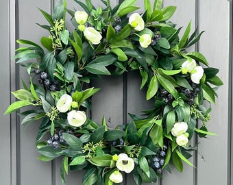 Spring Wreath With White Flowers and Blueberries All Season Neutral Door Wreath for Front Door, Spring Decor Housewarming Gift for Her