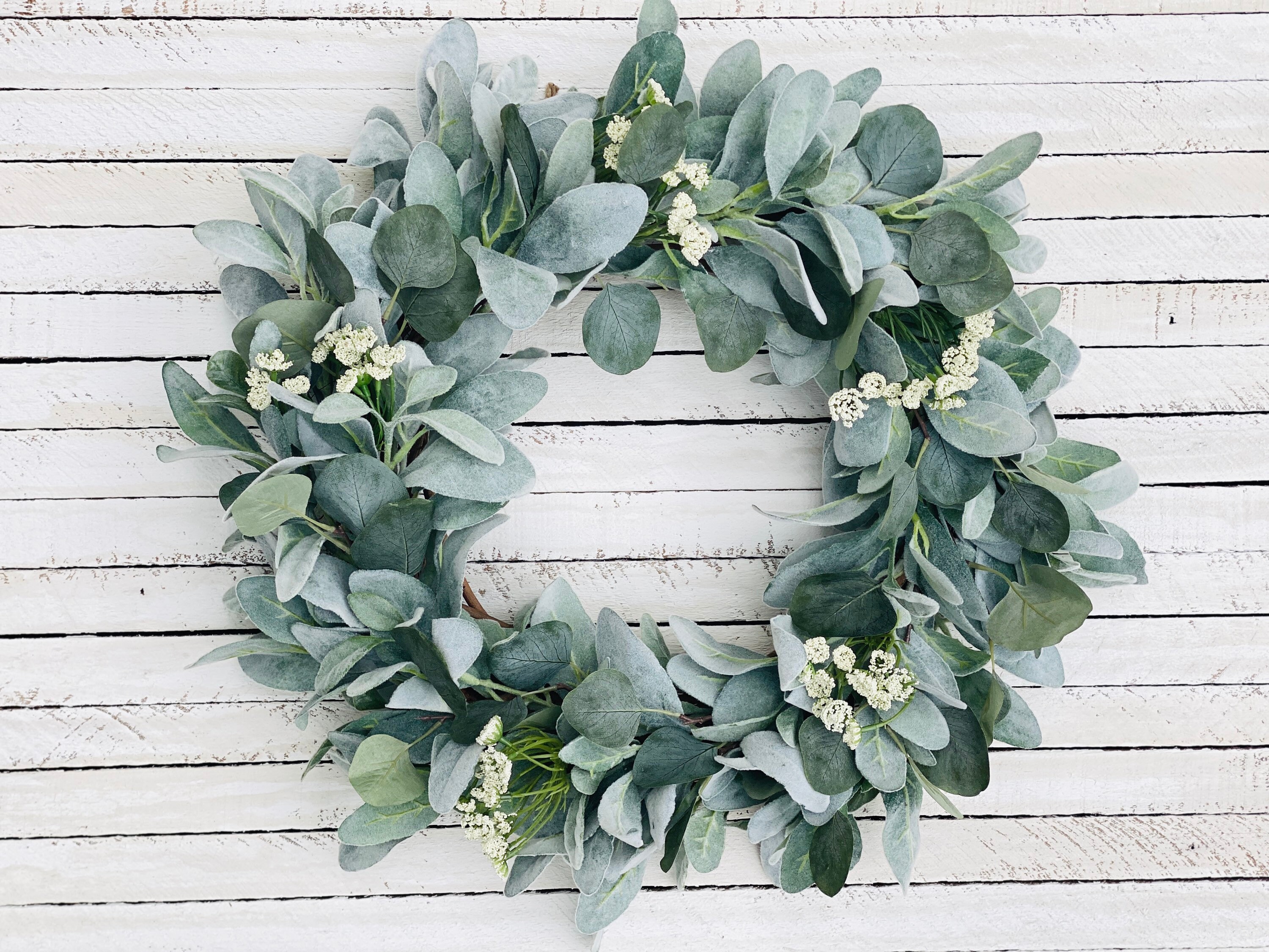 Greenery Wreath Year Round, LARGE 21 Eucalyptus Wreath for Front Door,  Everyday Wreath, Year Round Farmhouse Wreath With Black Striped Bow 