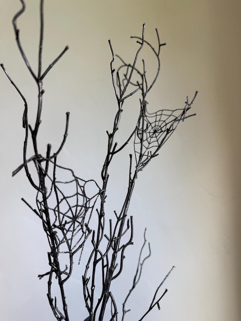 May include: A collection of bare, black-painted branches featuring two delicate, intricate spider web designs attached to the twigs. The branches are thin, multi-directional, and have a smooth, dark finish throughout the entire structure.