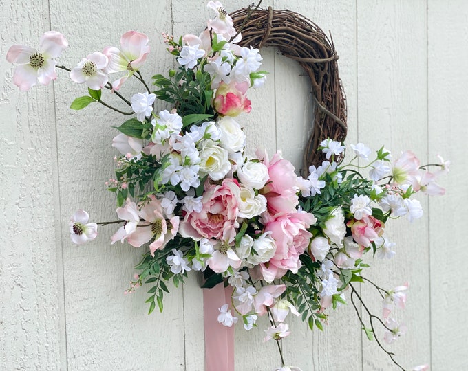 Pink and White Cottage Style Spring Floral Wreath for Front Door ...