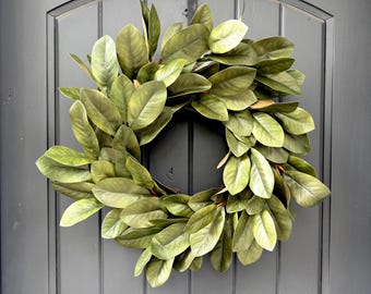 Realistic Autumn Magnolia Wreath for Front Door, Artificial Magnolia Wreath, Year Round All Season Door Wreath, Housewarming Gift