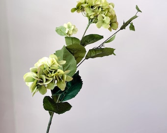 May include: A single stem of artificial hydrangea flowers. The flowers are a soft green color, with multiple layers of petals. The leaves are a deep green, and the stem is a darker green. The flower stem is held by a hand.