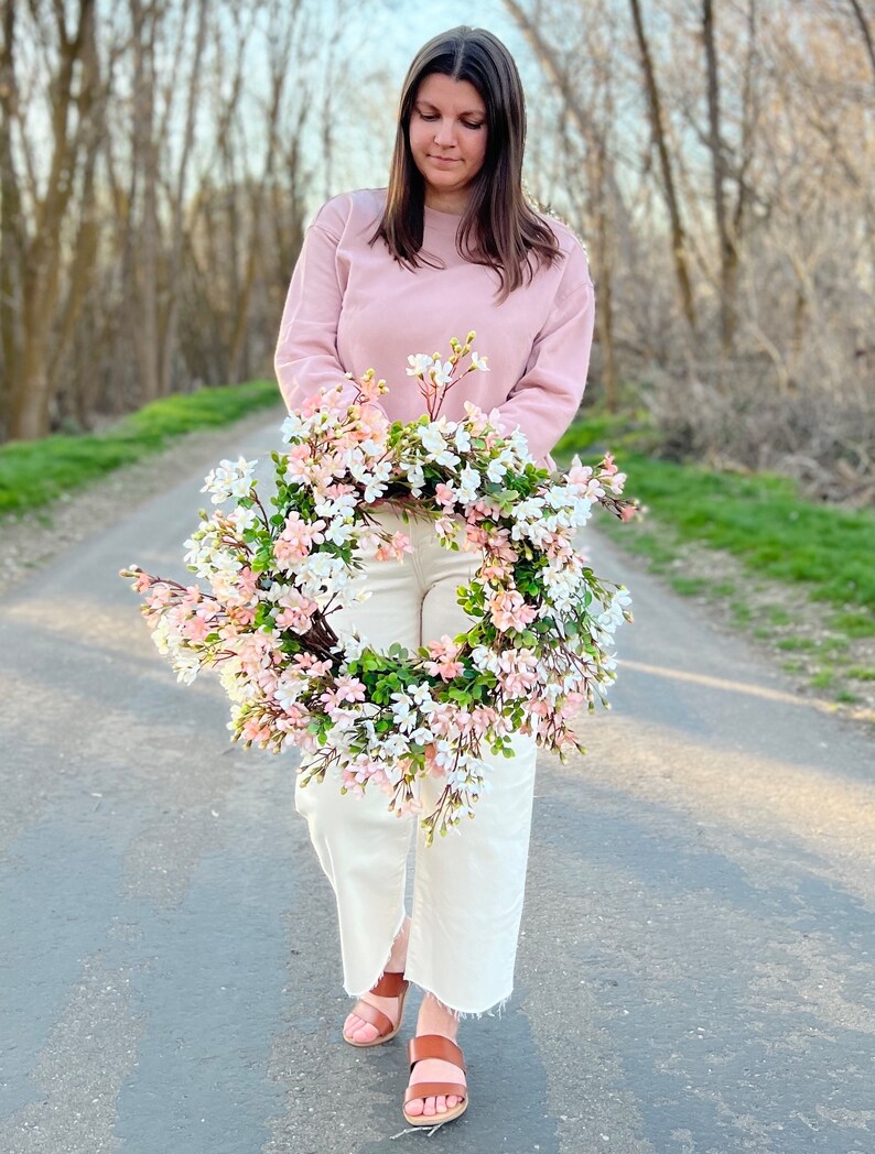 Pink and White Cottage Style Spring Floral Wreath for Front Door, Mini Flower Blossoms Wreath, Floral Mothers Day Gift Entryway Wall Decor image 10