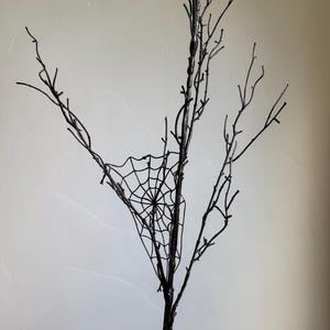 May include: A decorative black branch featuring multiple thin, bare twigs extending upward. A detailed black spiderweb is attached between the central branches, creating a structured, webbed pattern within the dark, branching silhouette.