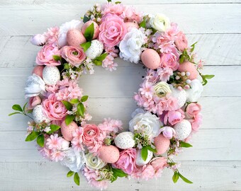 Pink and White Easter Wreath for Front Door With Easter Eggs and Mixed Florals, Natural Elegant Spring Floral Wreath, Handmade Gift