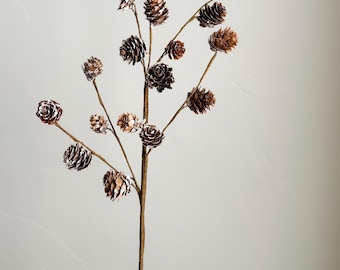 May include: A decorative branch featuring multiple brown pinecones with white accents. The pinecones are attached to thin, brown stems. The branch is held by a hand against a neutral background. Ideal for seasonal decor.