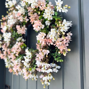 Pink and White Cottage Style Spring Floral Wreath for Front Door, Mini Flower Blossoms Wreath, Floral Mothers Day Gift Entryway Wall Decor image 5