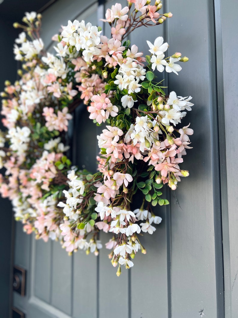 Pink and White Cottage Style Spring Floral Wreath for Front Door, Mini Flower Blossoms Wreath, Floral Mothers Day Gift Entryway Wall Decor image 5