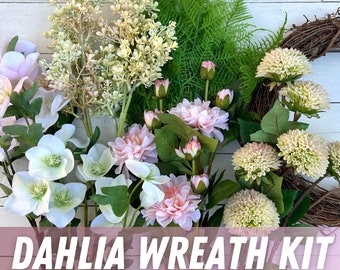 DIY Spring Summer Dahlia Wreath Kit, Make Your Own Wreath High End Wreath, Craft Kit Grapevine Wreath, Luxury Faux Floral Wreath Kit