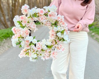 Cherry Blossom Wreath, Pink and White Cottage Style Spring Floral Wreath for Front Door, Floral Mother’s Day Gift Entryway Wall Decor