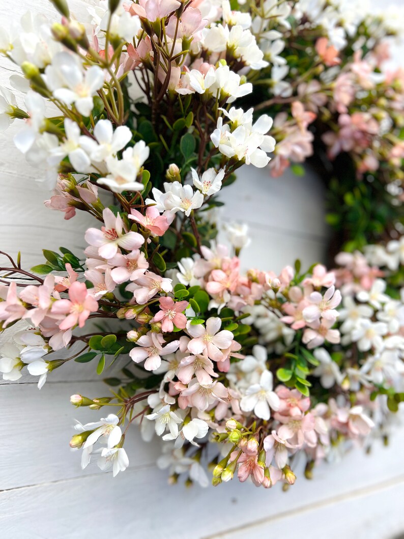 Pink and White Cottage Style Spring Floral Wreath for Front Door, Mini Flower Blossoms Wreath, Floral Mothers Day Gift Entryway Wall Decor image 8
