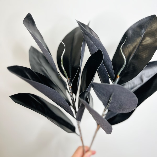 Black Magnolia Leaves for Fall or Halloween, 2 Pack Faux Magnolia Stem for Wreath Making or Faux Floral Arrangements, Halloween Florals