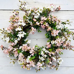 Pink and White Cottage Style Spring Floral Wreath for Front Door, Mini Flower Blossoms Wreath, Floral Mothers Day Gift Entryway Wall Decor image 1