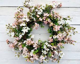 Pink and White Cottage Style Spring Floral Wreath for Front Door, Mini Flower Blossoms Wreath, Floral Mother’s Day Gift Entryway Wall Decor