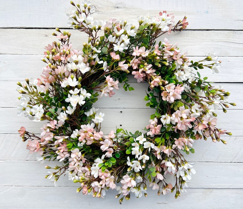 Pink and White Cottage Style Spring Floral Wreath for Front Door, Mini Flower Blossoms Wreath, Floral Mothers Day Gift Entryway Wall Decor image 1