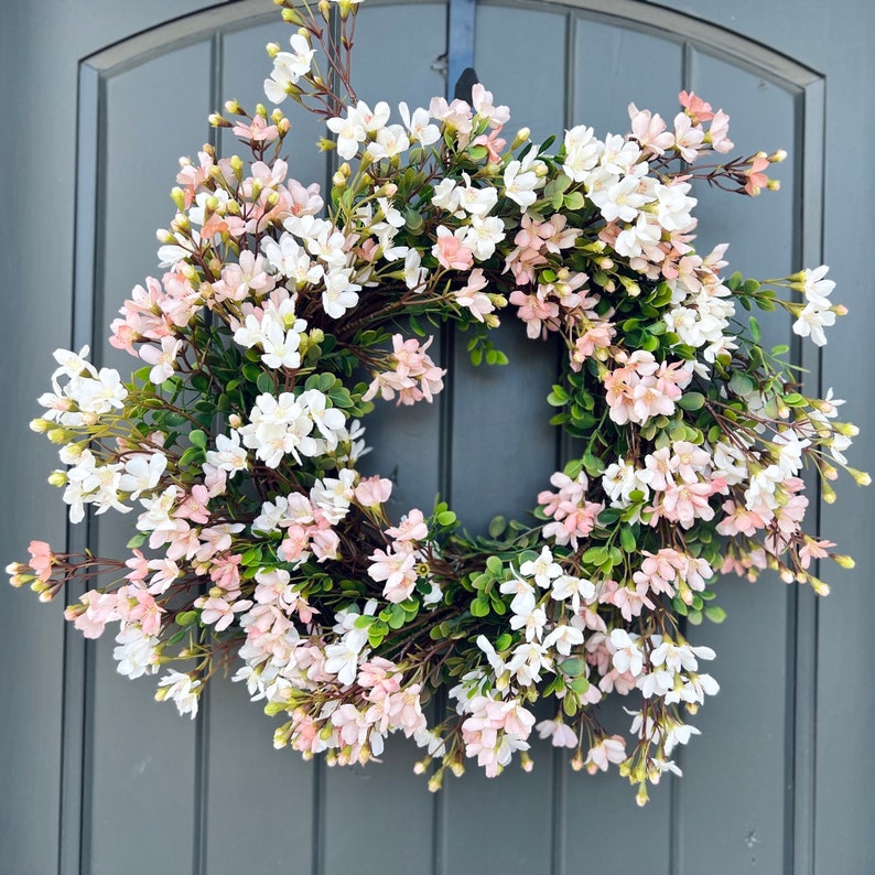 Pink and White Cottage Style Spring Floral Wreath for Front Door, Mini Flower Blossoms Wreath, Floral Mothers Day Gift Entryway Wall Decor image 2