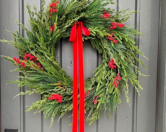 Faux Norfolk Pine and Cedar Wreath with Red Berries and Red Velvet Bow, Classic Elegant Christmas Wreath Traditional Door Wreath