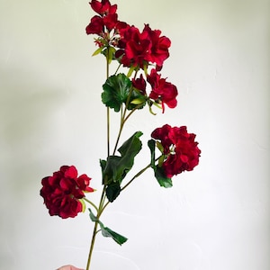 May include: A stem of artificial geranium flowers with vibrant red blooms and green leaves. The flowers have a layered petal design and are in full bloom. The stem is held by a hand against a white background.