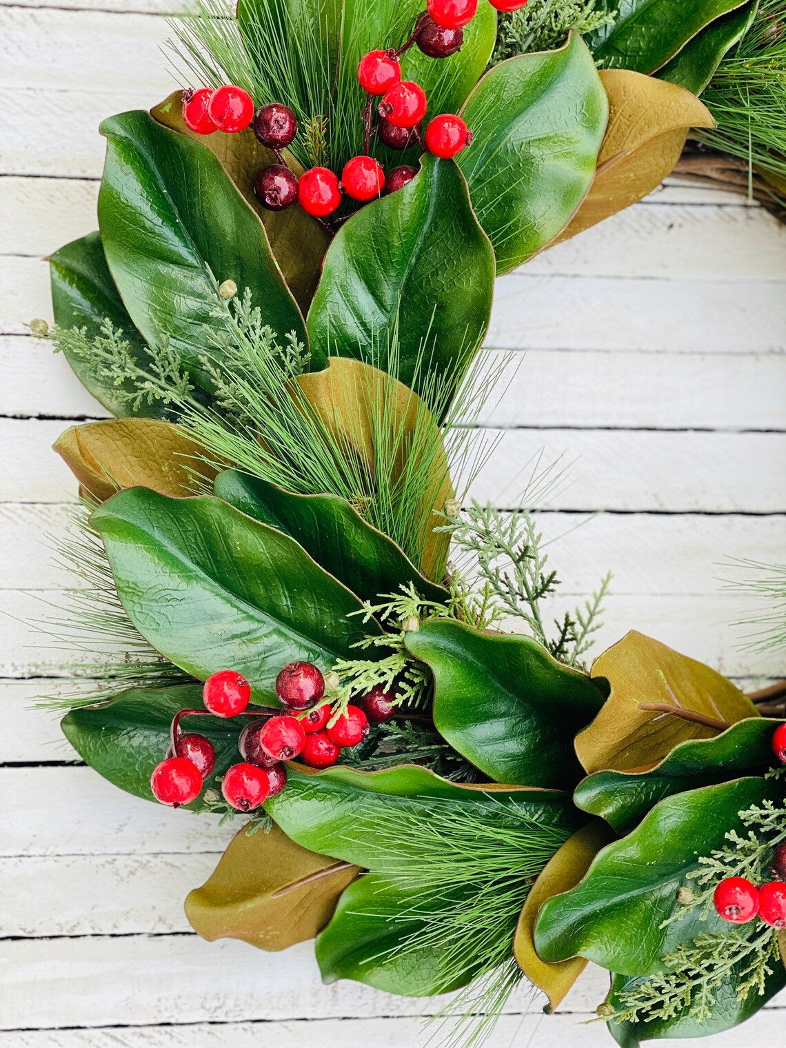 Magnolia Christmas Wreath With Evergreens and Red Berries Etsy