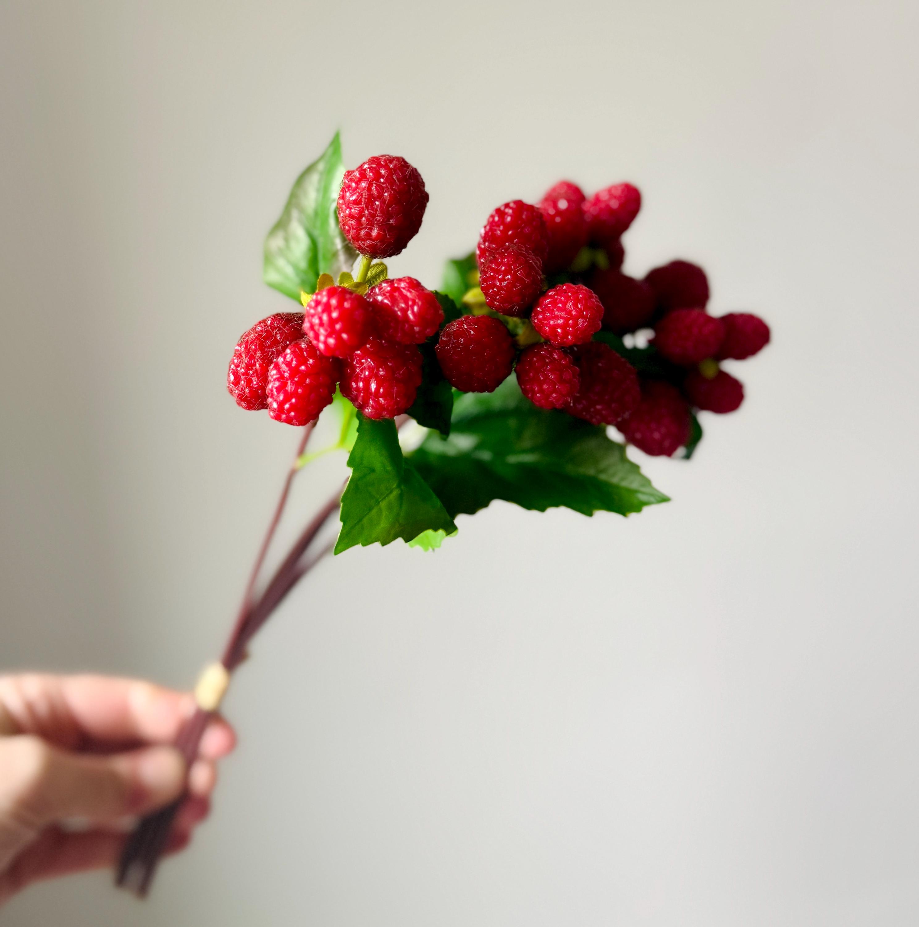 Artificial Raspberry Stem Bundle, Realistic Red Raspberry Spray, Faux ...