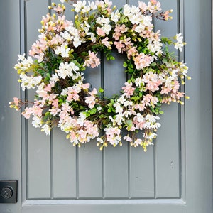 Pink and White Cottage Style Spring Floral Wreath for Front Door, Mini Flower Blossoms Wreath, Floral Mothers Day Gift Entryway Wall Decor image 3