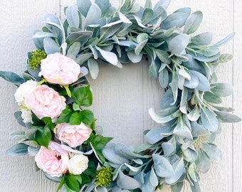 Lamb’s Ear Wreath With Blush Pink and White Roses, Spring Wreath For Front Door, Greenery Wreath, Gift for Mom