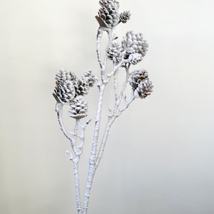 May include: A decorative artificial pinecone branch with a frosted white finish. The branch features multiple pinecones in varying sizes, attached to slender, textured stems. The overall color palette is white and brown, creating a wintery aesthetic.