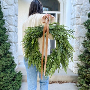 Artificial Norfolk Pine and Juniper Balsam Fir Christmas Winter Wreath, Neutral Evergreen Christmas Wreath, Faux Evergreen Holiday Wreath
