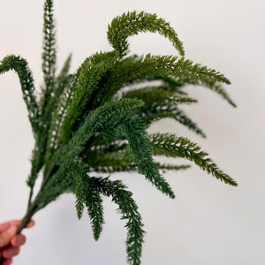 May include: A decorative artificial plant stem featuring multiple long, slender, dark green fronds with a fine, needle-like texture. The foliage branches out from a central stalk, creating a cascading, feathery appearance with curved tips.
