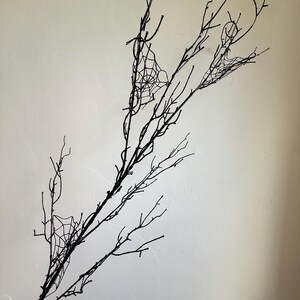 May include: A decorative black branch featuring multiple thin, bare twigs extending outward. Several intricate, black spider web patterns are attached between the smaller branches, creating a detailed and textured appearance throughout the structure.