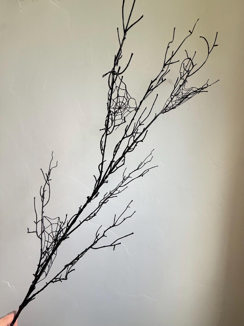May include: A decorative black branch featuring multiple thin, bare twigs extending outward. Several intricate, black spider web patterns are attached between the smaller branches, creating a detailed and textured appearance throughout the structure.