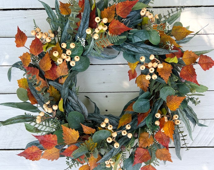 Fall Eucalyptus Wreath With Fall Foliage and Cream Berries, Autumn Door ...