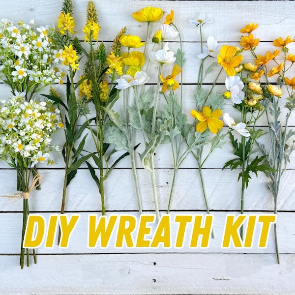 Summer Hoop Wreath Kit With Faux Yellow and White Flowers, Craft Kit DIY Wreath, Make Your Own Wreath With Artificial Lifelike Flowers