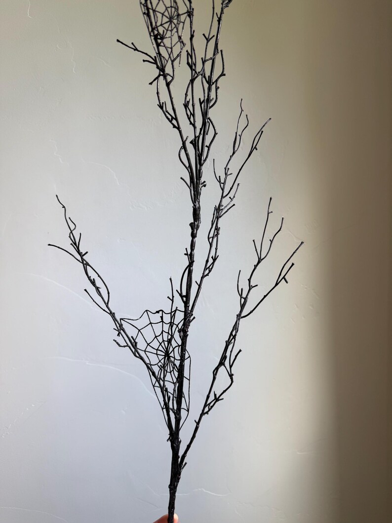 May include: A decorative black branch featuring multiple thin, bare twigs extending from a central stem. Two distinct, intricate spider web designs are attached to the branches, one positioned near the top and another on a lower side branch.