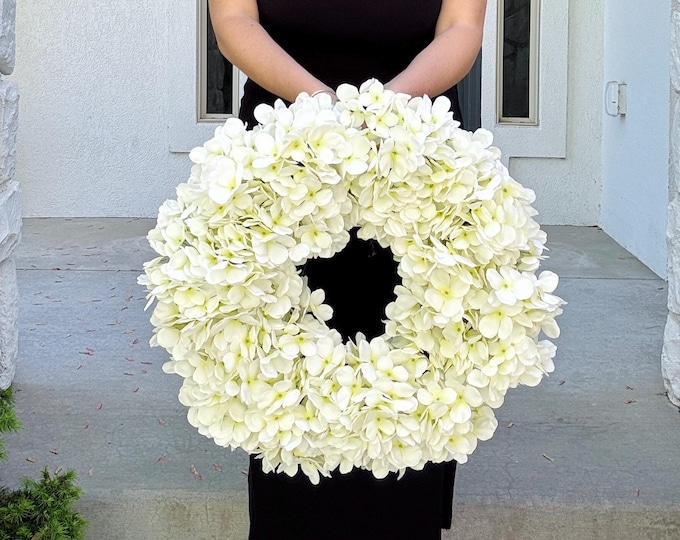 White Hydrangea Wreath for Front Door, Classic Year Round Porch Decor ...