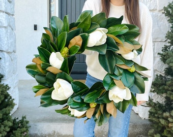 Magnolia Wreath for Front Door, Artificial Magnolia Bloom Wreath, Year Round All Season Door Wreath, Housewarming Gift, Entryway Wall Decor