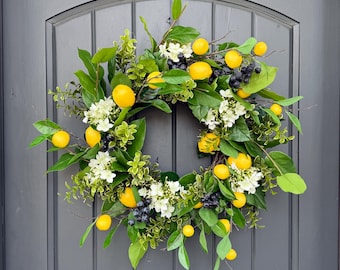 Summer Lemon Hydrangea Blueberry Wreath for Front Door, Cottage Style Lemon Floral Wreath, White and Yellow Summer Decor, Housewarming Gift