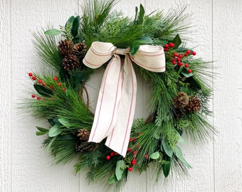 Evergreen Christmas Wreath for Front Door, Pine and Eucalyptus Winter Holiday Wreath with Pinecones and Red Berries, Farmhouse Christmas