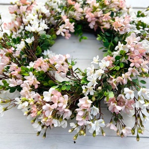 Pink and White Cottage Style Spring Floral Wreath for Front Door, Mini Flower Blossoms Wreath, Floral Mothers Day Gift Entryway Wall Decor image 6