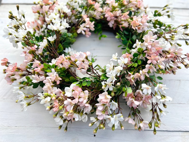 Pink and White Cottage Style Spring Floral Wreath for Front Door, Mini Flower Blossoms Wreath, Floral Mothers Day Gift Entryway Wall Decor image 6