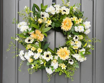 Spring Wreath Yellow and White Floral Wreath For Front Door, Dahlia and Cherry Blossom Wreath, Easter Decor, Mother’s Day Gift, Housewarming