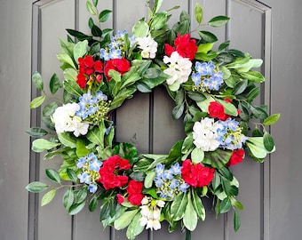 Wreath for Front Door Summer Red White and Blue Patriotic Decor, Front Porch Entryway Decor 4th of July Wreath, Artificial Floral Wreath