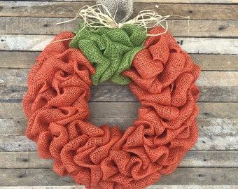 Pumpkin Wreath, Burlap Pumpkin Wreath, Fall Wreath, Autumn Wreath, Halloween Wreath, Front Door Wreath, Orange Wreath, Thanksgiving Wreath