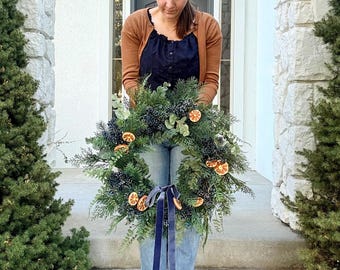 Artificial Christmas Winter Wreath with Blue Berries and Faux Dried Orange Slices, Front Door Holiday Wreath