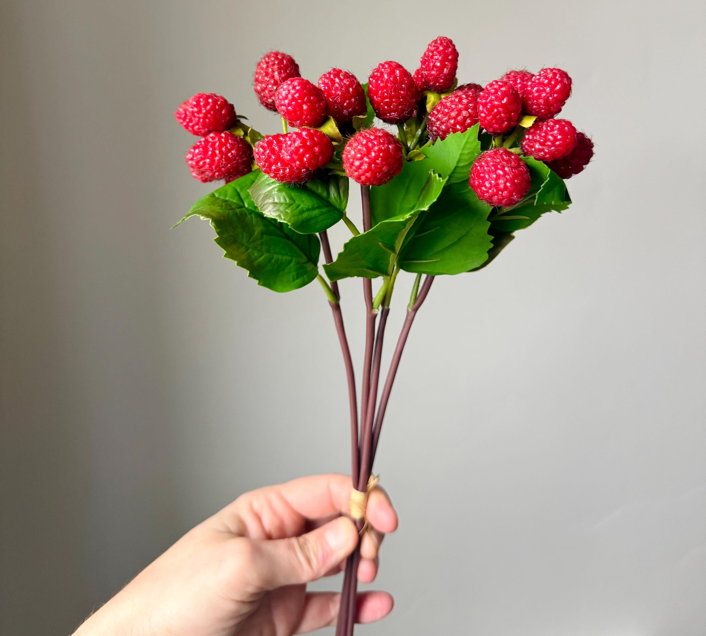 Artificial Raspberry Stem Bundle, Realistic Red Raspberry Spray, Faux ...