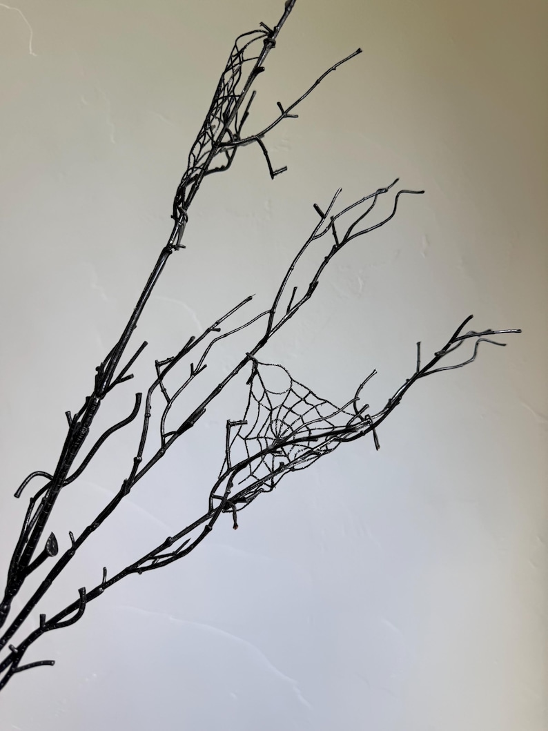 May include: A set of black decorative branches featuring thin, twig-like structures and a small, intricate spider web design attached to one of the branches. The branches are dark, slender, and have multiple offshoots extending in various directions.