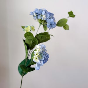 May include: A stem of artificial hydrangea flowers with blue and white petals and green leaves. The flowers are in full bloom, with multiple clusters of petals. The leaves are a deep green color, and the stem is a lighter green.