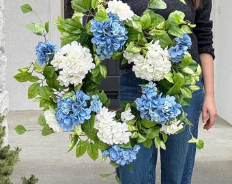 Spring and Summer Hydrangea Wreath for Front Door, Blue and White Floral Wreath, Housewarming Gift for New Homeowners, Coastal Home Decor