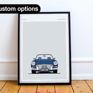 Op de afbeelding: Een blauwe MGB Roadster print met de tekst "ROADSTER" en "CUSTOM" op een witte achtergrond.